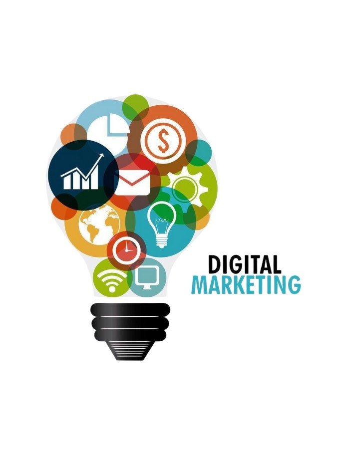 Digital marketing concept illustration showing business growth, analytics, email, and online strategy icons