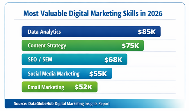 Infographic by Pro Web Solutions Academy showing most valuable digital marketing skills in 2026 with salary insights, including data analytics, content strategy, SEO, social media marketing, and email marketing.