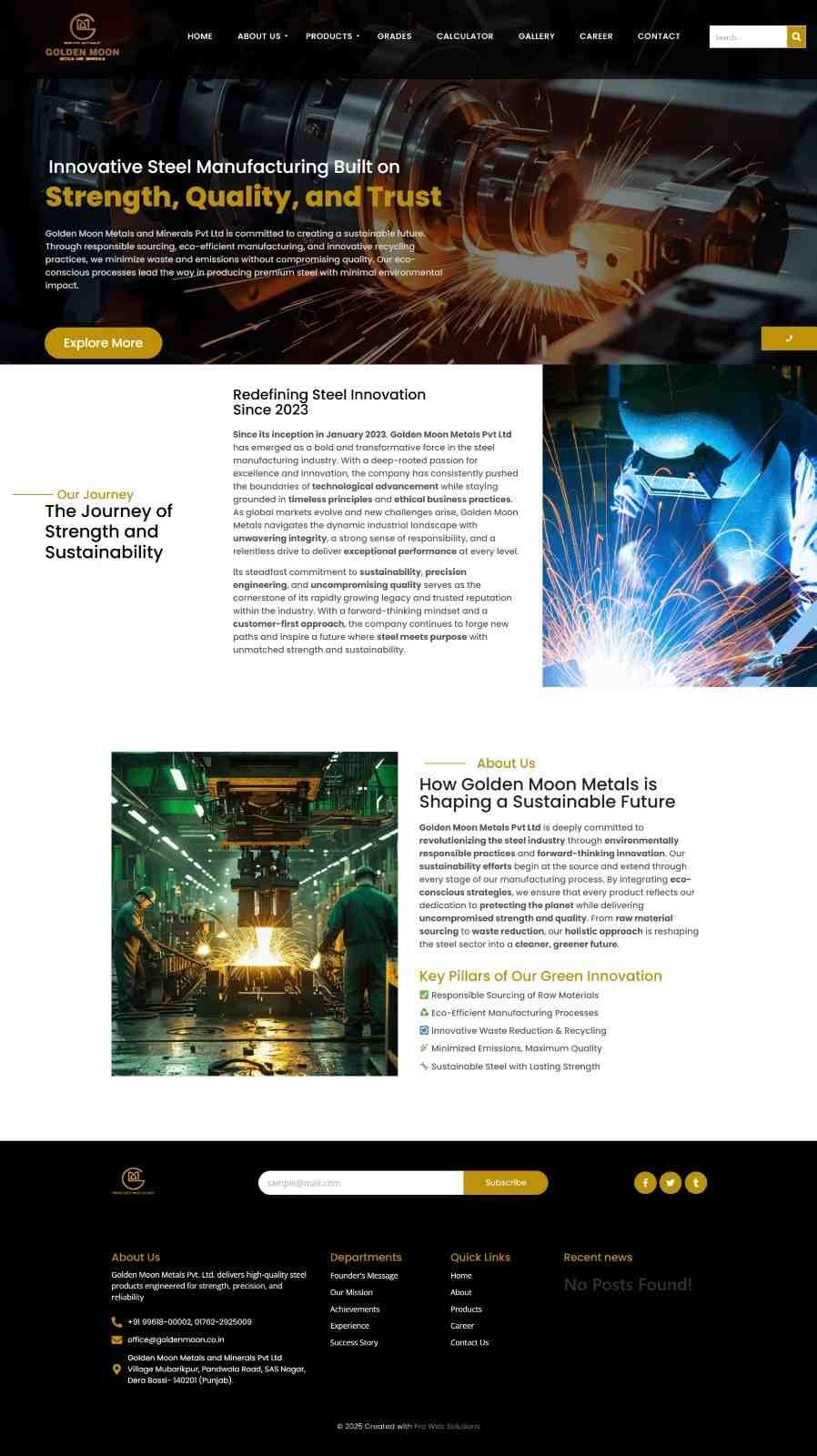 Homepage of steel manufacturing company website designed by Pro Web Solutions
